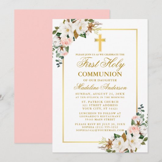 Magnolias-Rose Wasserfarbe Erstkommunion Gold Einladung (Vorne/Hinten)