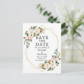 Magnolias Roses Gold Geo Frame Save the Date Postkarte (Stehend Vorderseite)