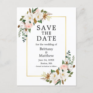 Magnolias Roses Gold Rahmen Save the Date Postkarte