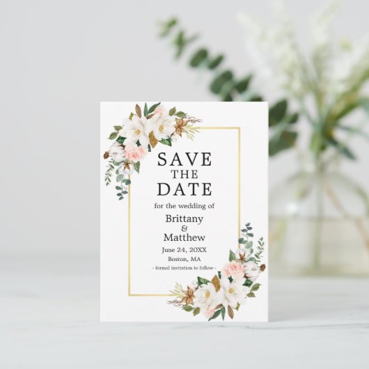 Magnolias Roses Gold Rahmen Save the Date Postkarte (Stehend Vorderseite)