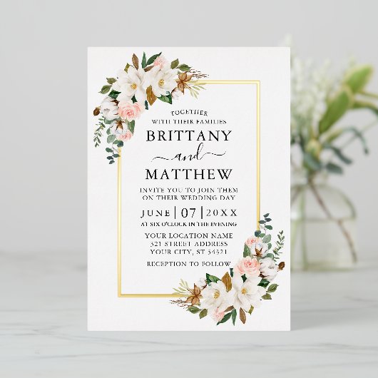 Magnolias Roses Wedding Gold Folieneinladung (Stehend vorne)