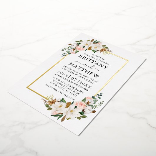 Magnolias Roses Wedding Gold Folieneinladung (Gedreht)