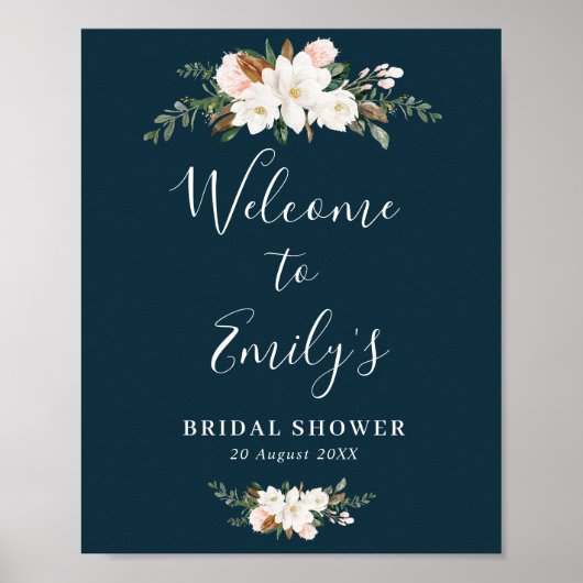 Magnolie floral blaue Hochzeitsdusche Willkommenss Poster (Vorne)