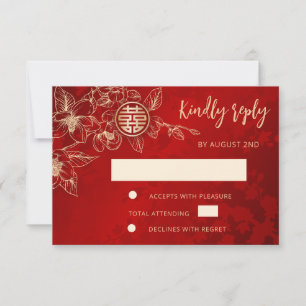 Magnolie Rot Gold Chinesische Hochzeit RSVP Karte