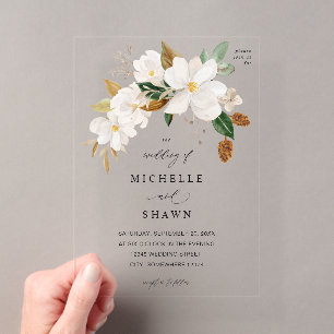 Magnolie Weiße Florale Hochzeit Acryleinladungen