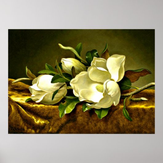 Magnolien auf Gold Samtstoff, Kunstmalerei Poster (Vorne)