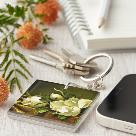 Magnolien auf goldenem Samttuch Schlüsselanhänger (Vorderseite rechts)