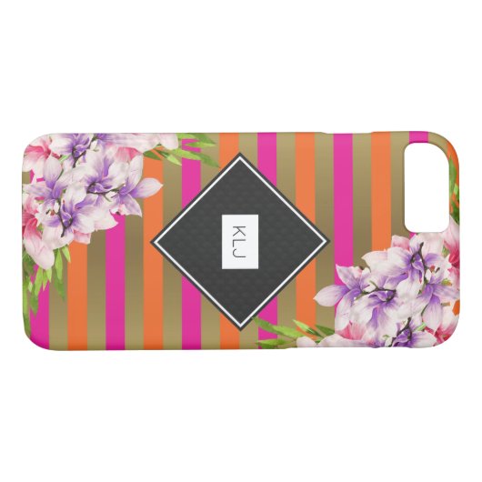 Magnolien auf Rosa und Imitate Gold Streifen Monog Case-Mate iPhone Hülle (Rückseite (Horizontal))