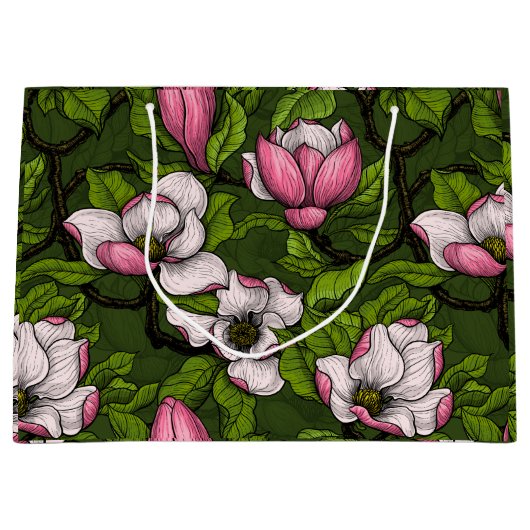 Magnolien blühen auf dunkelgrün große geschenktüte (Vorderseite)