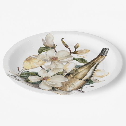 Magnolien und Champagner-Gläser Hochzeit Pappteller (Schrägansicht)