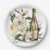 Magnolien und Champagner-Gläser Hochzeit Pappteller (Vorderseite)