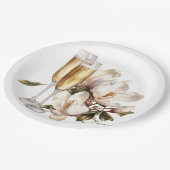 Magnolien und Champagnerbrillen Hochzeiten Pappteller (Schrägansicht)