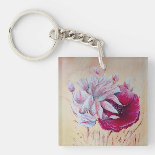Magnolien und Mohnmalerei Schlüsselanhänger (Vorderseite)