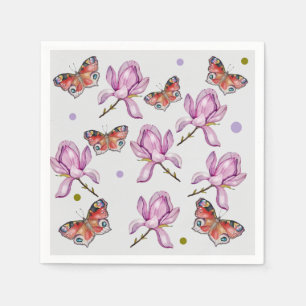 Magnolien und Schmetterlinge, Aquarellmuster Serviette