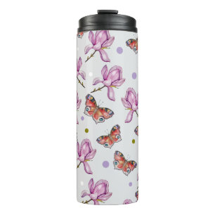 Magnolien und Schmetterlinge, Wasserfarbenmuster Thermosbecher
