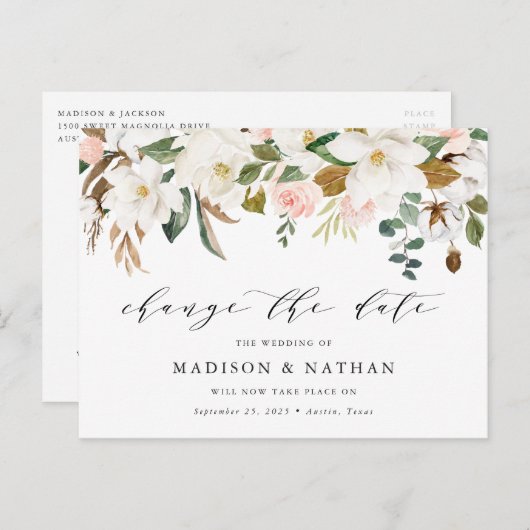 Magnolien verändern das Datum der Hochzeitverlänge Ankündigungspostkarte (Vorne/Hinten)