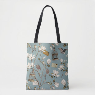 Magnolienhain mit Eulen in Enteneiblau Tasche