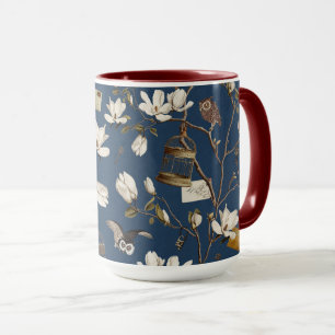 Magnolienhain mit Eulen in Marineblau Tasse