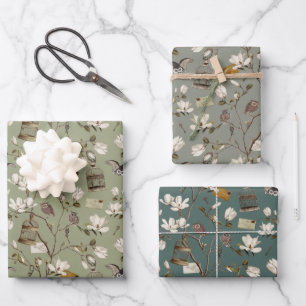 Magnolienhain mit Eulen in pastellgrünen Tönen Geschenkpapier Set
