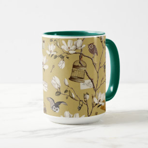 Magnolienhain mit Eulen in Senfgelb Tasse