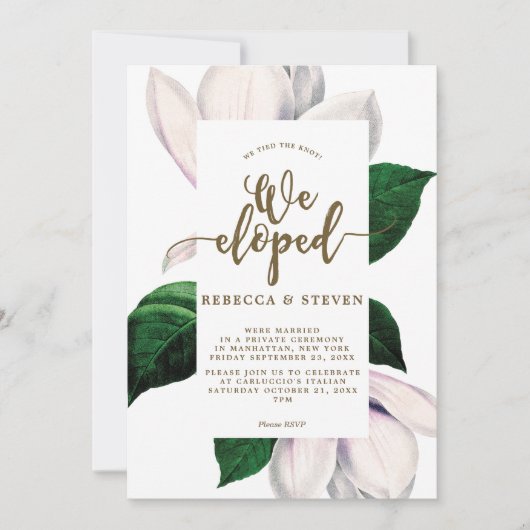 Magnolienmit Blumenmodernes eloped wir Einladung (Vorderseite)