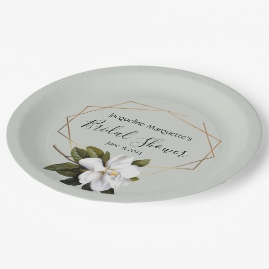 Magnolisches Brautparty mit Gold und Sage Pappteller (Schrägansicht)