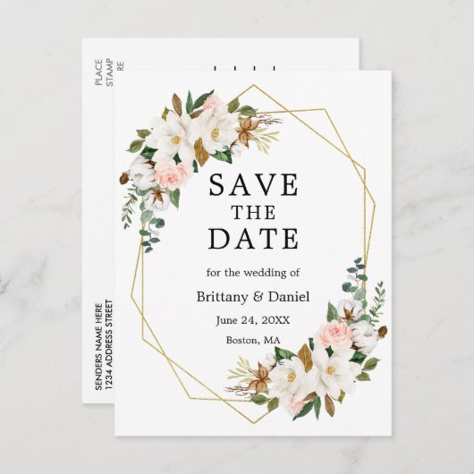 Magnolius-Rose Wasserfarbe Save the Date Gold Ankündigungspostkarte (Vorne/Hinten)