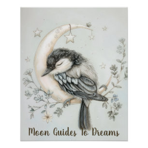 Magpie-Vogel-Baby schläft auf dem Mond Poster