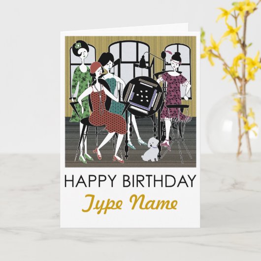 Mah Jongg Flappers Dog Birthday Card Karte (Gelbe Blume)