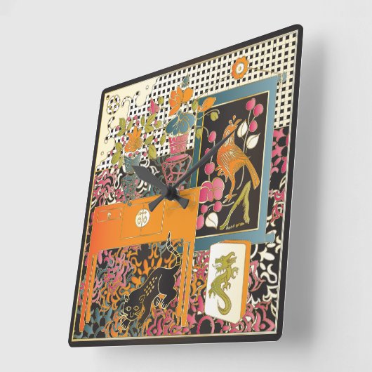 Mah Jongg Orange Quadratische Wanduhr (Winkel)