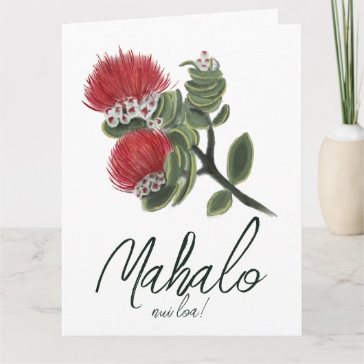Mahalo Hawaiian Red Lehua Flower Watercolor Dankeskarte (Vorderseite)