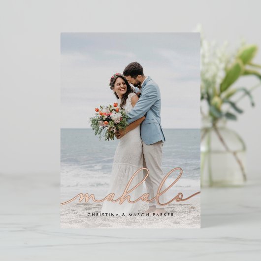 Mahalo | Hochzeitsfoil Foto Dankeschön Karte (Stehend vorne)