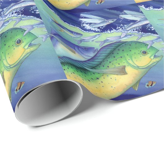 Mahi Mahi (Delphin-Fisch) fliegenden Fisch jagend Geschenkpapier (Rolleneckpunkt)
