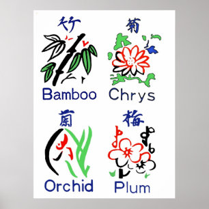 Mahjong Blume Anzug, blau, rot, grün, schwarz auf  Poster