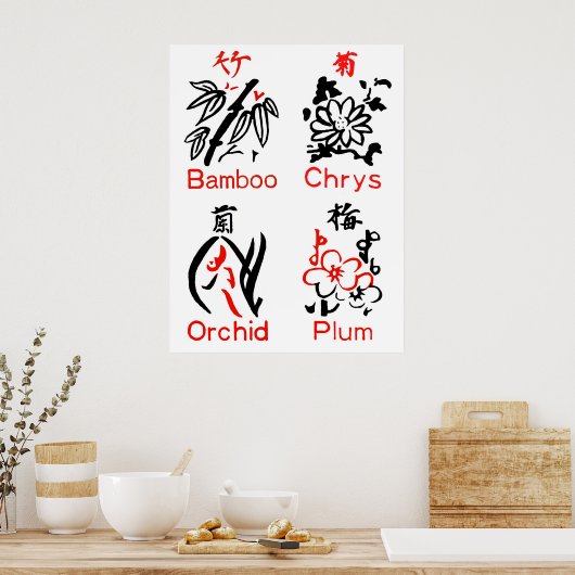Mahjong Blume Anzug, rot & schwarz auf weiß Poster (Küche)
