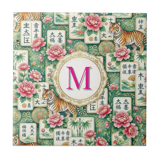 Mahjong Chinoiserie Floral Monogram Personalized Fliese (Vorderseite)