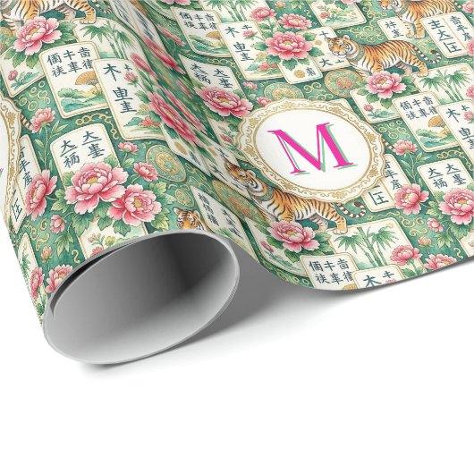 Mahjong Chinoiserie Floral Monogram Personalized Geschenkpapier (Rolleneckpunkt)