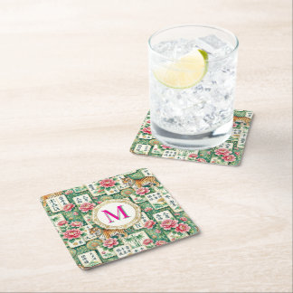 Mahjong Chinoiserie Floral Monogram Personalized Rechteckiger Pappuntersetzer