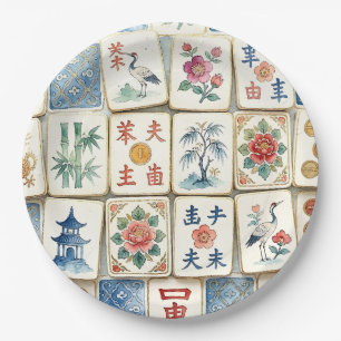 Mahjong-Chinoiserie-Kacheln Wasserfarbe Blumen Vög Pappteller