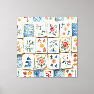Mahjong-Chinoiserie-Kacheln Wasserfarben Blumen Vö Leinwanddruck
