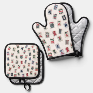 MahJong-Fliesen und Symbole Ofenhandschuh & Topflappen-Set