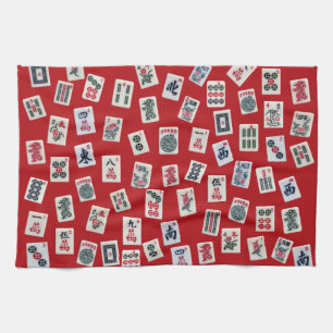 MahJong-Kacheln (Symbole) auf Rot Geschirrtuch