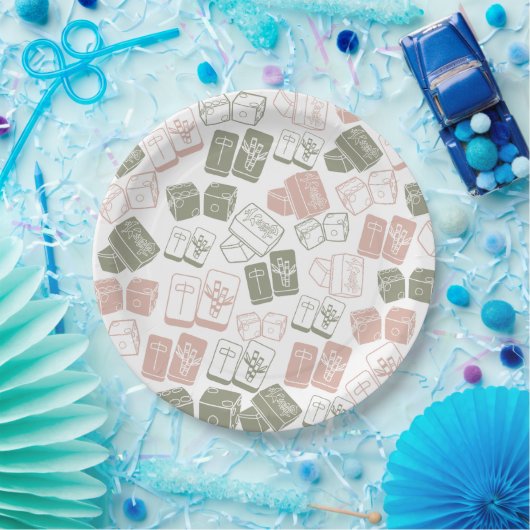 Mahjong Kacheln und Würfel in Rosa und Khaki Pappteller (Party)