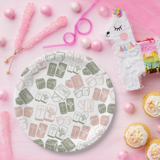 Mahjong Kacheln und Würfel in Rosa und Khaki Pappteller (Party)