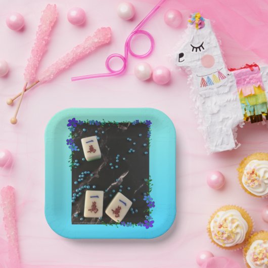 Mahjong Papiertafel mit blauen Blumenmotiven Pappteller (Party)