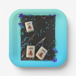 Mahjong Papiertafel mit blauen Blumenmotiven Pappteller