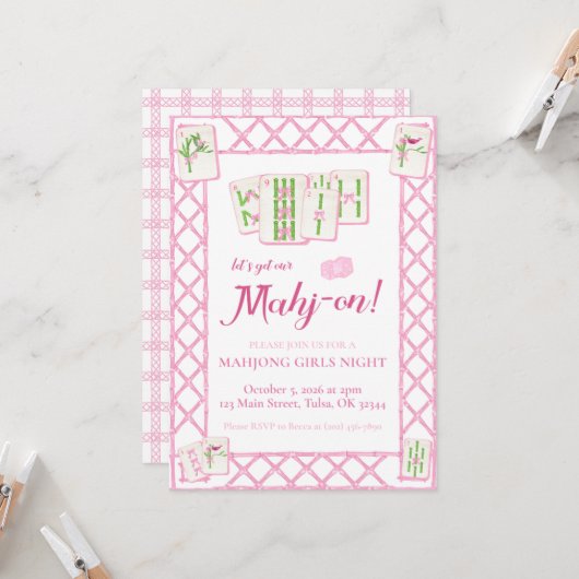 Mahjong Party Einladung, rosa grüne Coquette (Vorderseite/Rückseite Beispiel)