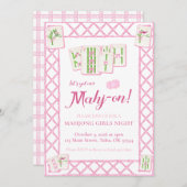 Mahjong Party Einladung, rosa grüne Coquette (Vorne/Hinten)