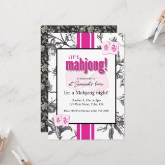 Mahjong Party Invitation, black pink toile, tiles Einladung