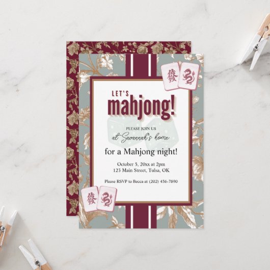 Mahjong Party Invitation, burgundy toile, tiles Einladung (Vorderseite/Rückseite Beispiel)